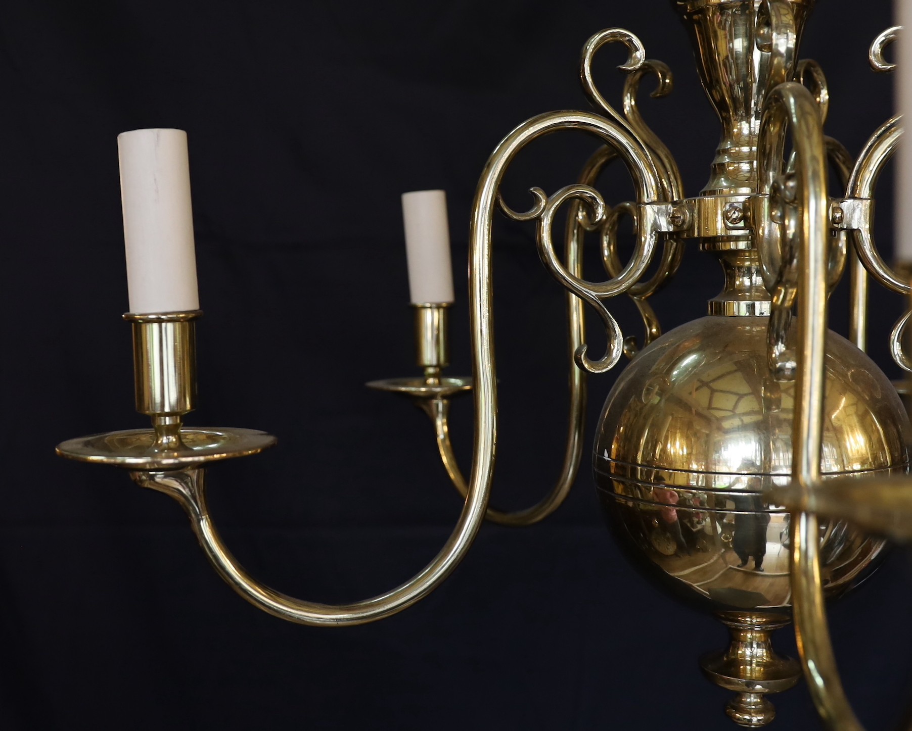 A Dutch style polished brass five light chandelier, height 48cm. width 62cm